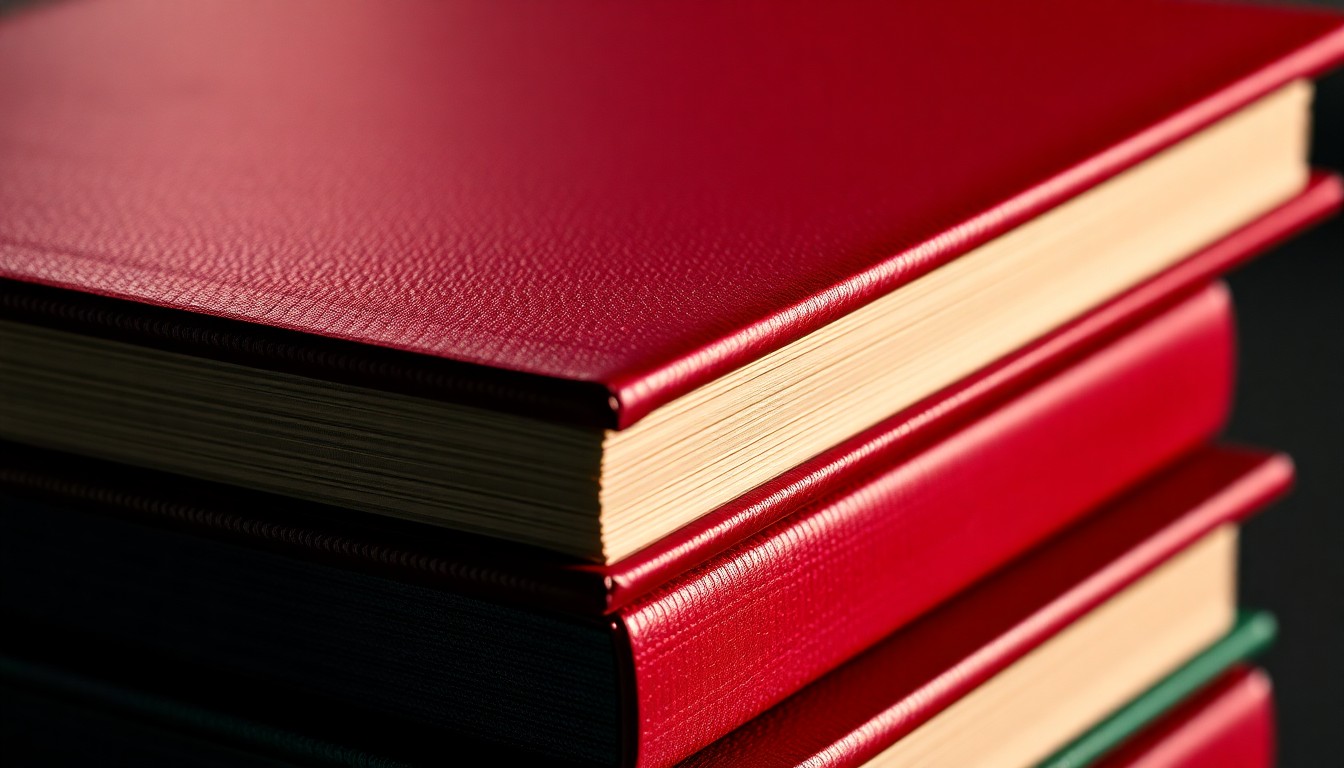 An extreme close-up photograph of a stack of hardcover books with a glossy, textured cover in deep, rich colors like burgundy and forest green, captured with dramatic, high-contrast lighting to create a sense of luxury and sophistication.