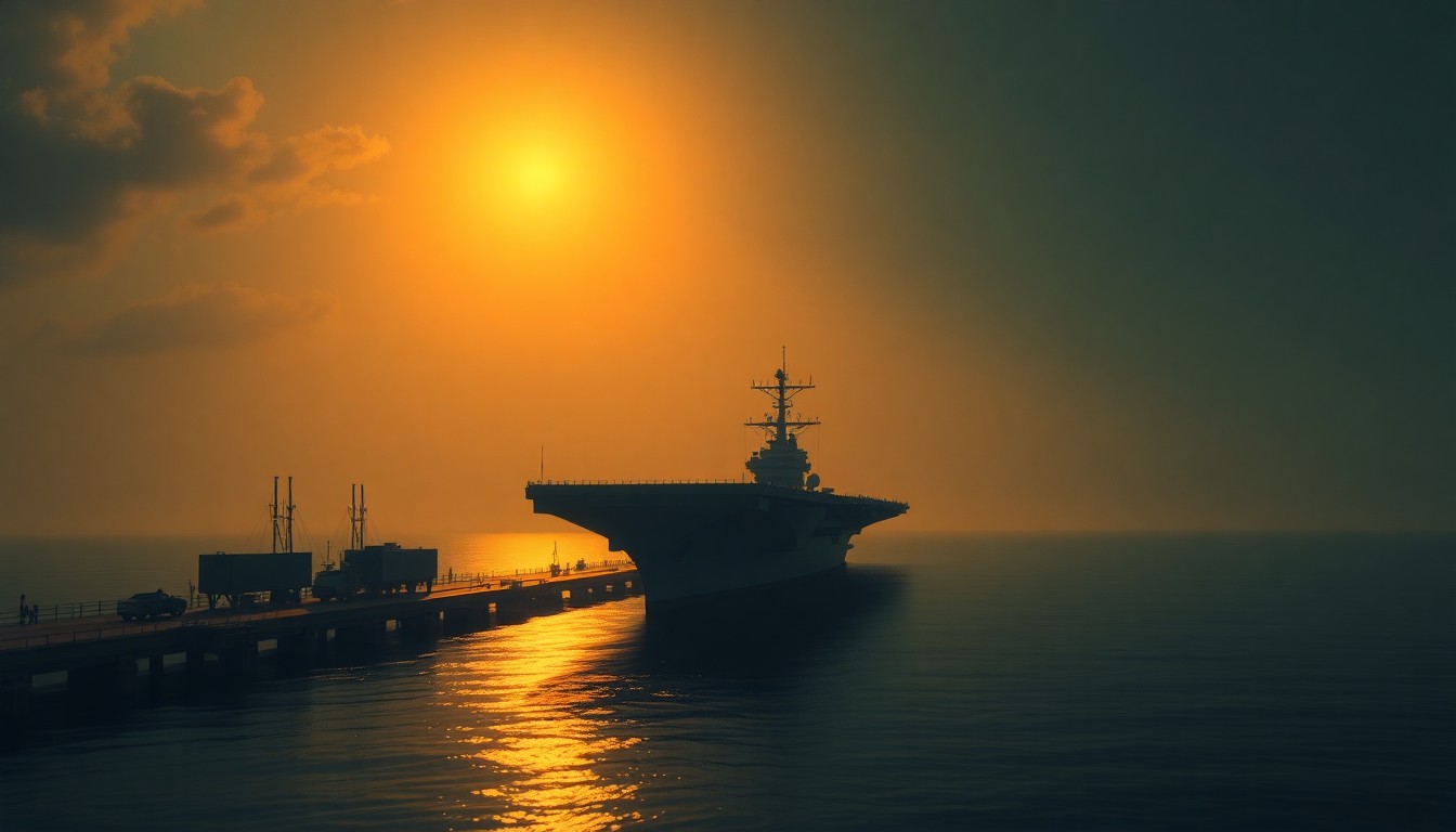 A serene, photorealistic painting of a large U.S. Navy aircraft carrier docked at a naval base, with the ship's silhouette reflected in the calm waters and surrounded by warm, golden sunlight and deep shadows, conveying a sense of power and tranquility.