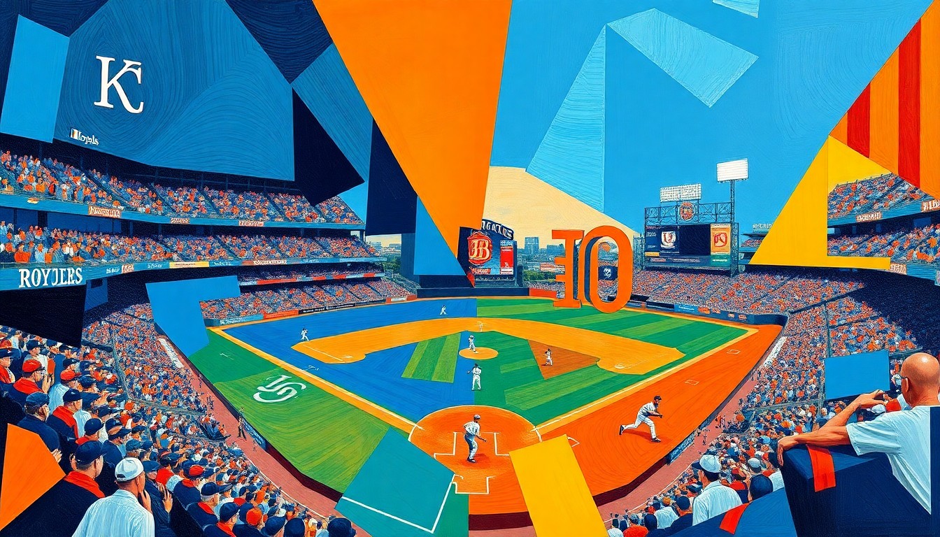 A fractured, geometric painting depicting a baseball game between the Kansas City Royals and Detroit Tigers, with the players and field of play broken down into sharp, overlapping planes of royal blue, orange, and other vibrant colors.