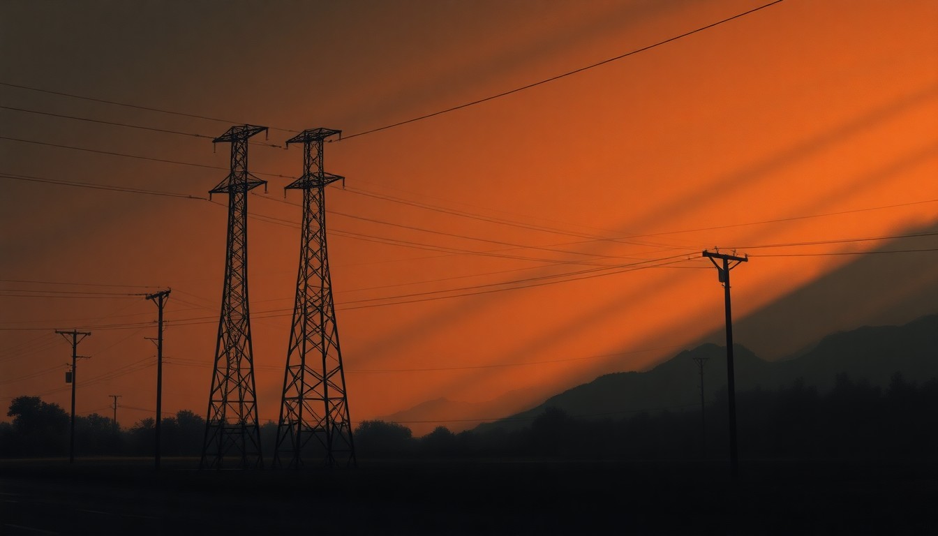 A serene, photorealistic painting of an electrical substation or power line tower in warm, golden light, conveying a sense of civic utility and energy production.