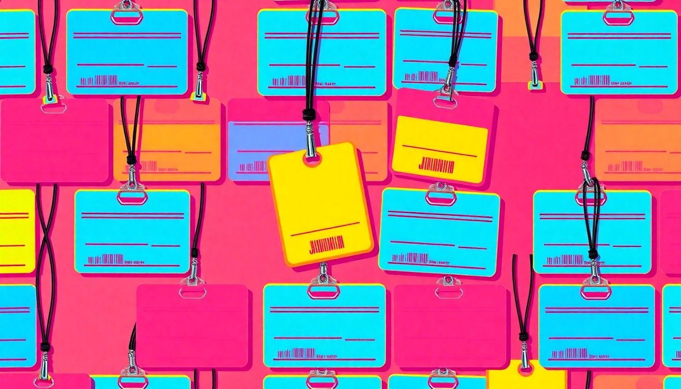 A high-contrast, silkscreen-style illustration featuring a repeating pattern of neon-colored job fair items like name badges and employment applications, conceptually representing the opportunities and empowerment of a second chance job fair.