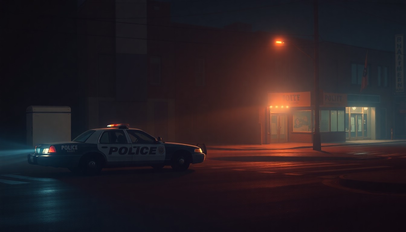 A moody, atmospheric painting of a lone police car parked on a deserted street at night, with warm diagonal light and deep shadows creating a sense of quiet contemplation.