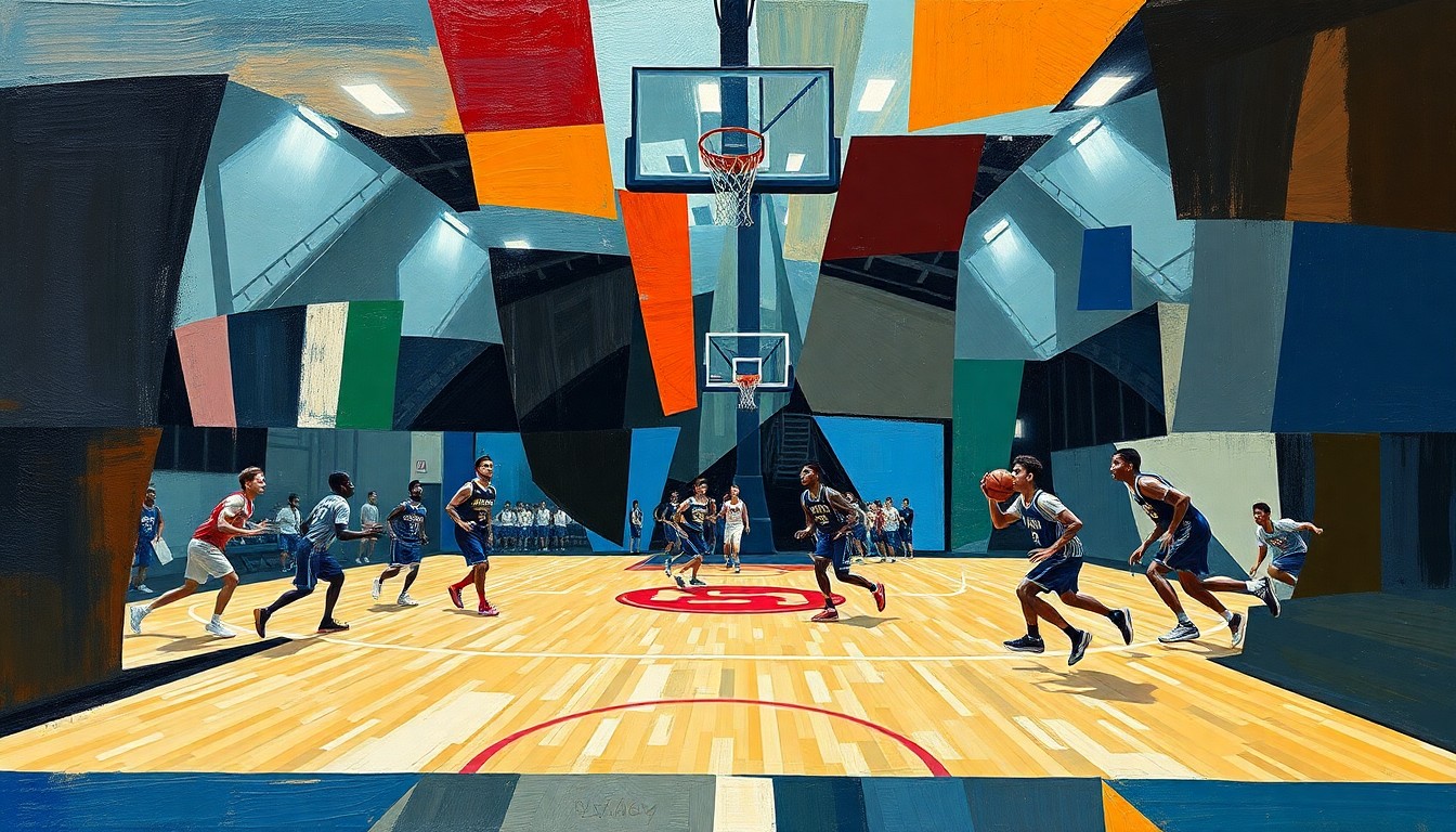 A fragmented, multi-angled painting depicting the dynamic movements and lines of a high school basketball game, broken down into sharp, overlapping geometric shapes and planes in a cubist style.
