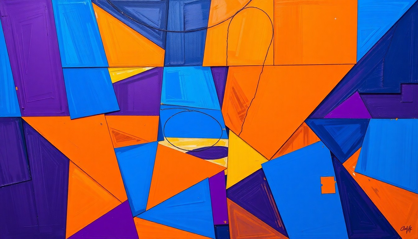 A fragmented, geometric painting depicting a basketball game or match, with sharp, overlapping planes of color representing the dynamic action on the court.