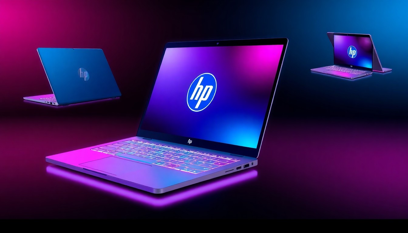 A highly detailed, glowing 3D illustration of a laptop with a sleek metallic chassis illuminated by neon cyan and magenta lights, representing the versatility and technological capabilities of the HP OmniBook X Flip.