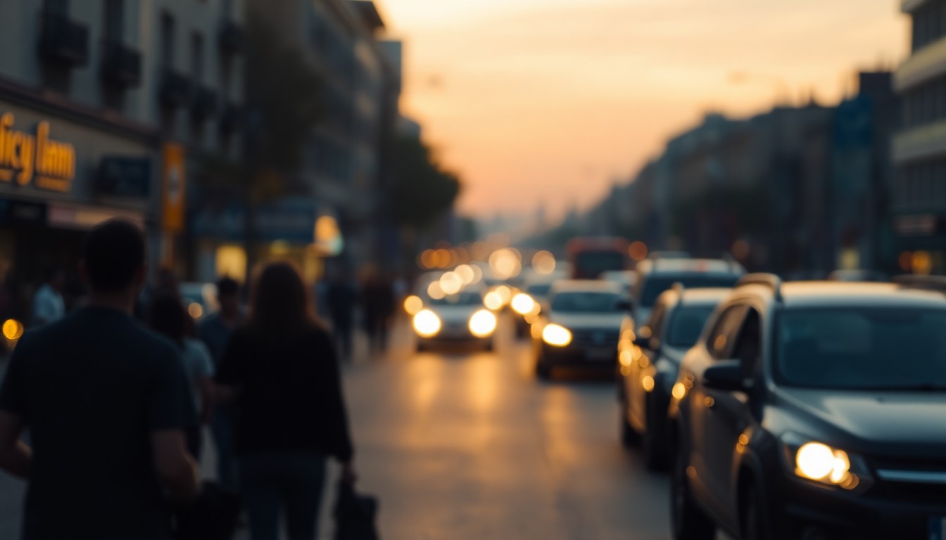 An abstract, impressionistic photograph in soft, warm tones depicting the blurred silhouettes of pedestrians and vehicles on a city street, conveying a sense of urban movement and progress on traffic safety.