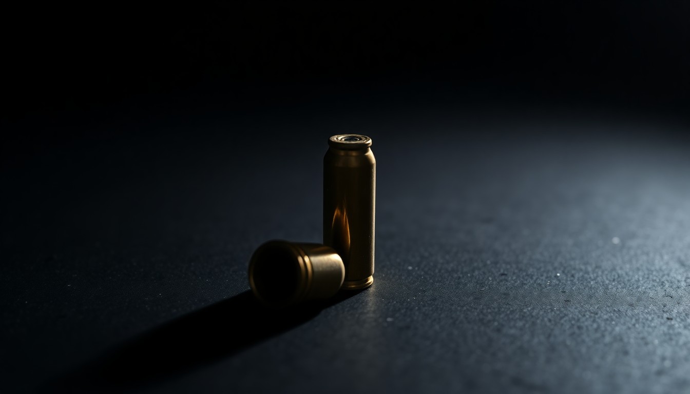 An extreme close-up photograph of a single bullet casing on a dark surface, lit by a harsh, direct camera flash, conceptually illustrating the evidence left behind at a crime scene.