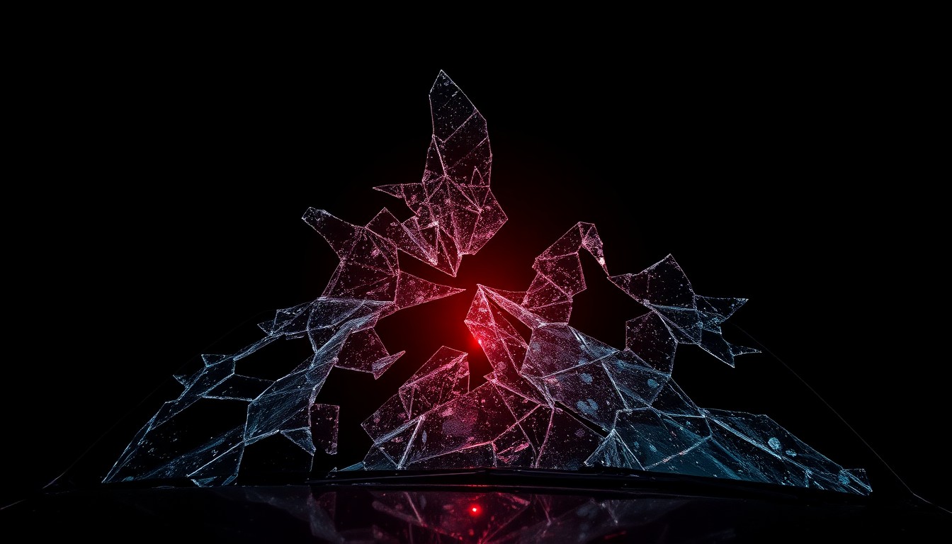 An extreme close-up photograph of a shattered car windshield, the jagged, textured glass reflecting a faint red light against a pitch-black background, conceptually illustrating the aftermath of a violent crash.