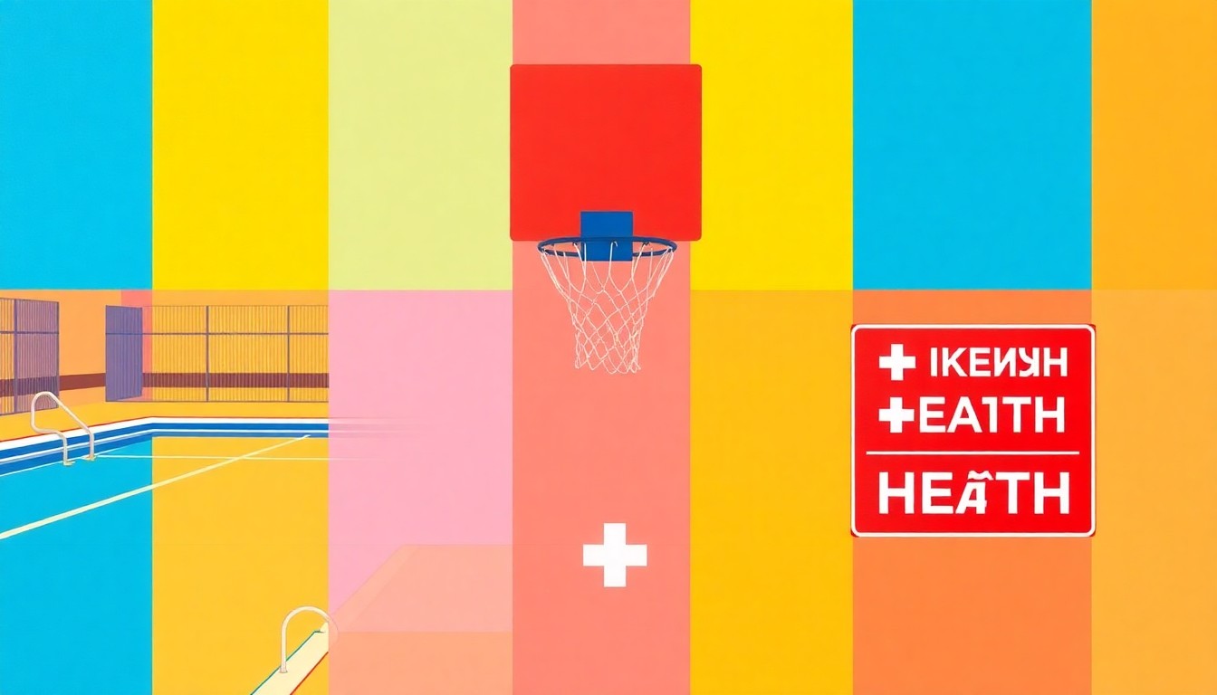 A vibrant, pop art-inspired illustration featuring repeating icons of a swimming pool, basketball hoop, and emergency room sign, conveying the diverse facilities and services that will be available at the new YMCA and Broward Health complex.