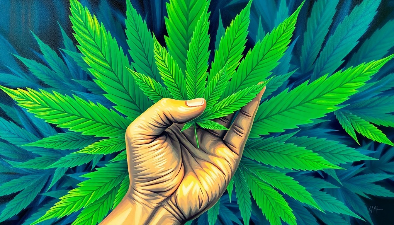 A dynamic, abstract painting of a hand reaching towards a fragmented marijuana leaf, with the leaf repeated in overlapping, geometric waves of bright green and blue colors, conveying the tension and debate surrounding the governor's proposed changes to marijuana legislation.