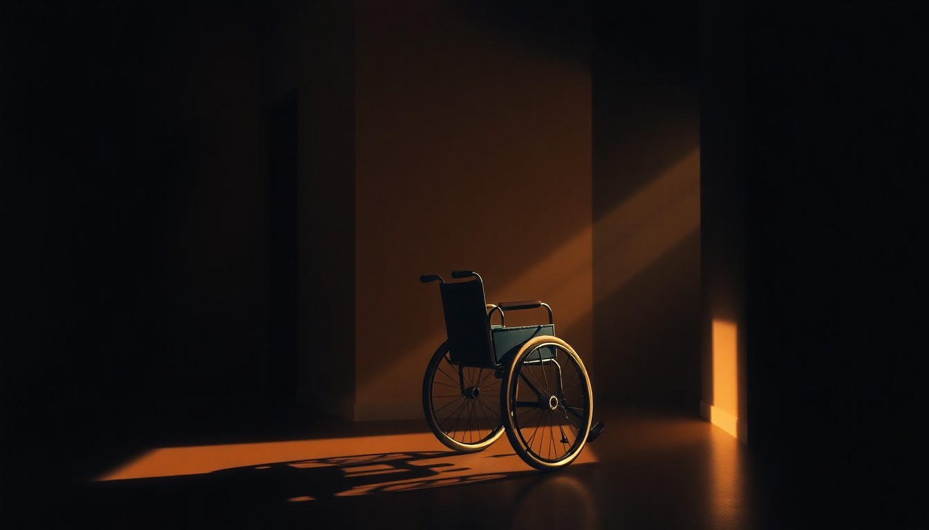 A solitary wheelchair in a dimly lit hallway, with warm, diagonal sunlight and deep shadows creating a cinematic, nostalgic mood, conceptually representing the uncertainty and potential setbacks facing the disability rights movement.