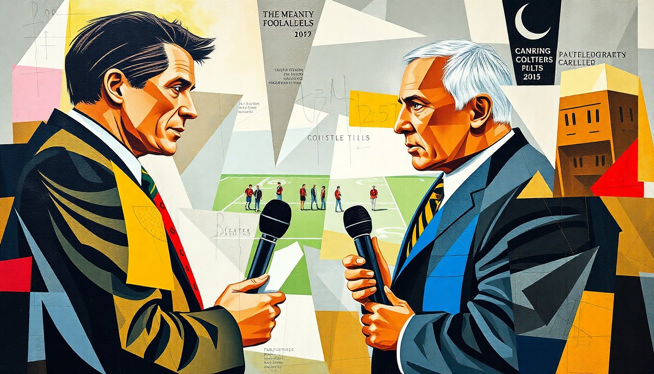 A fragmented, abstract painting depicting intersecting geometric shapes and planes in muted tones, conceptually representing the complex dynamics between a sports reporter and a football coach.