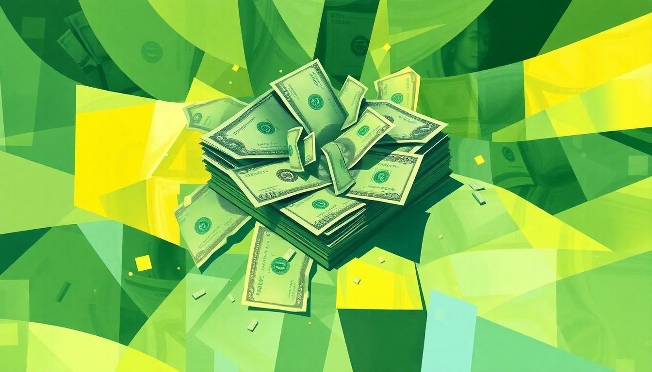 A dynamic, abstract painting of fragmented dollar bills in shades of green, yellow, and blue, conveying the concept of government waste and financial mismanagement.