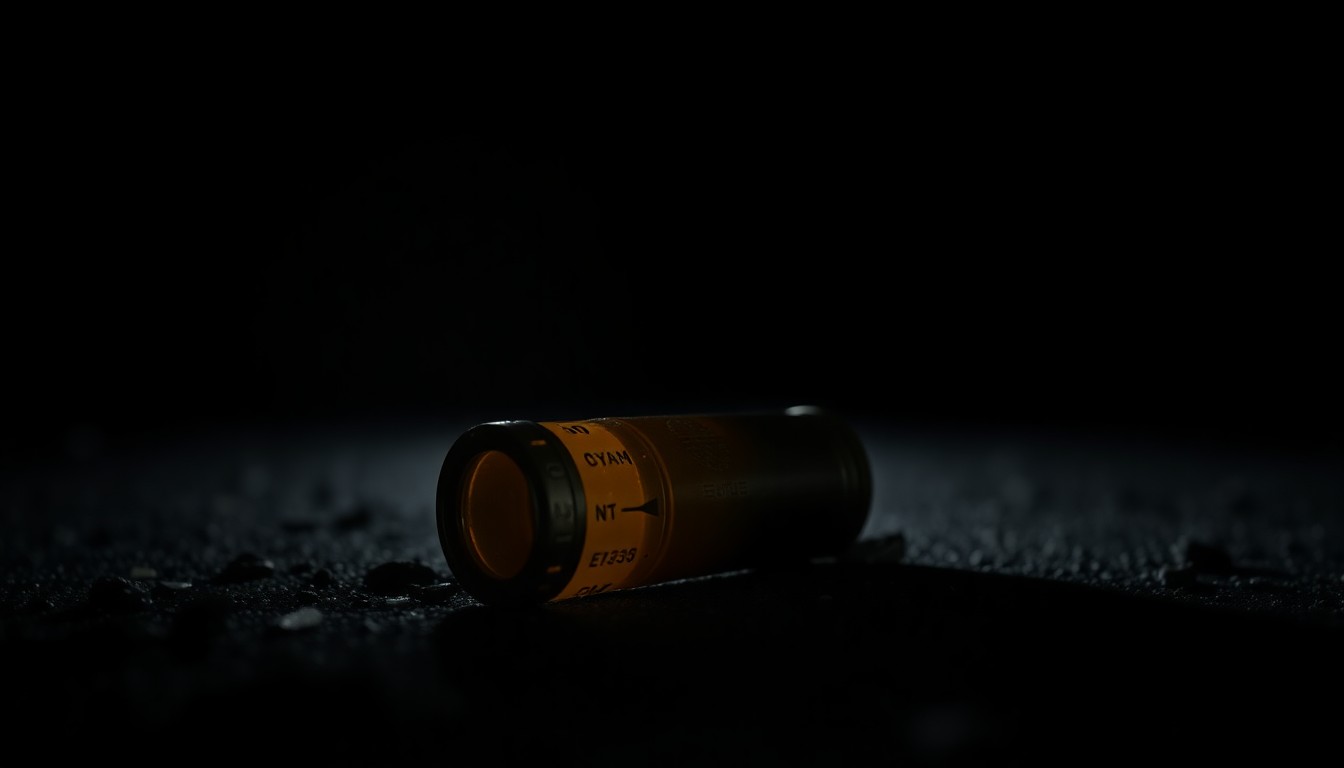 An extreme close-up photograph of a spent shell casing on the ground, capturing the gritty, investigative nature of the crime scene.