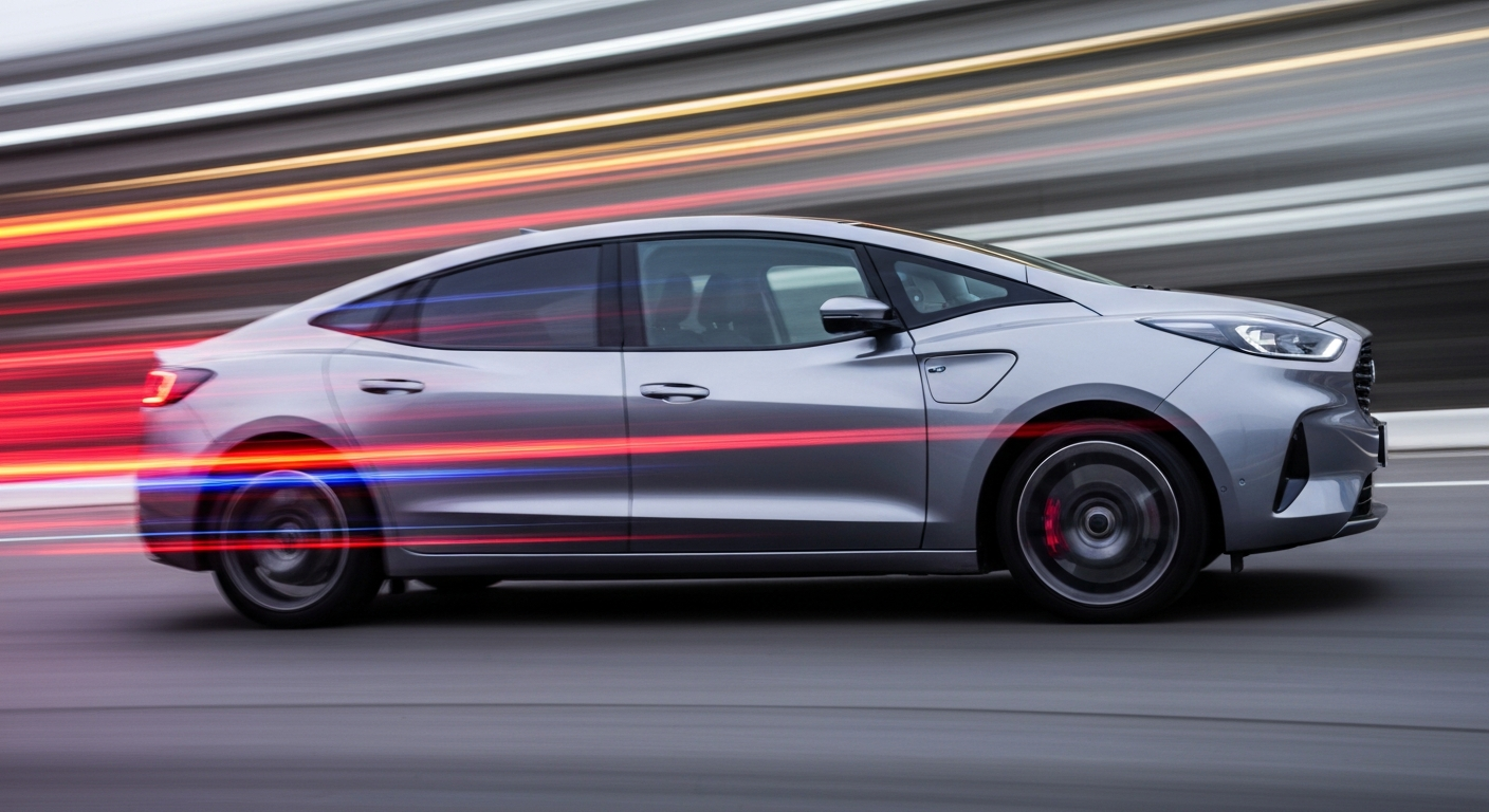 A blurred, abstract image of a Ford electric vehicle in motion, with streaks of bright colors representing its speed and advanced technology.