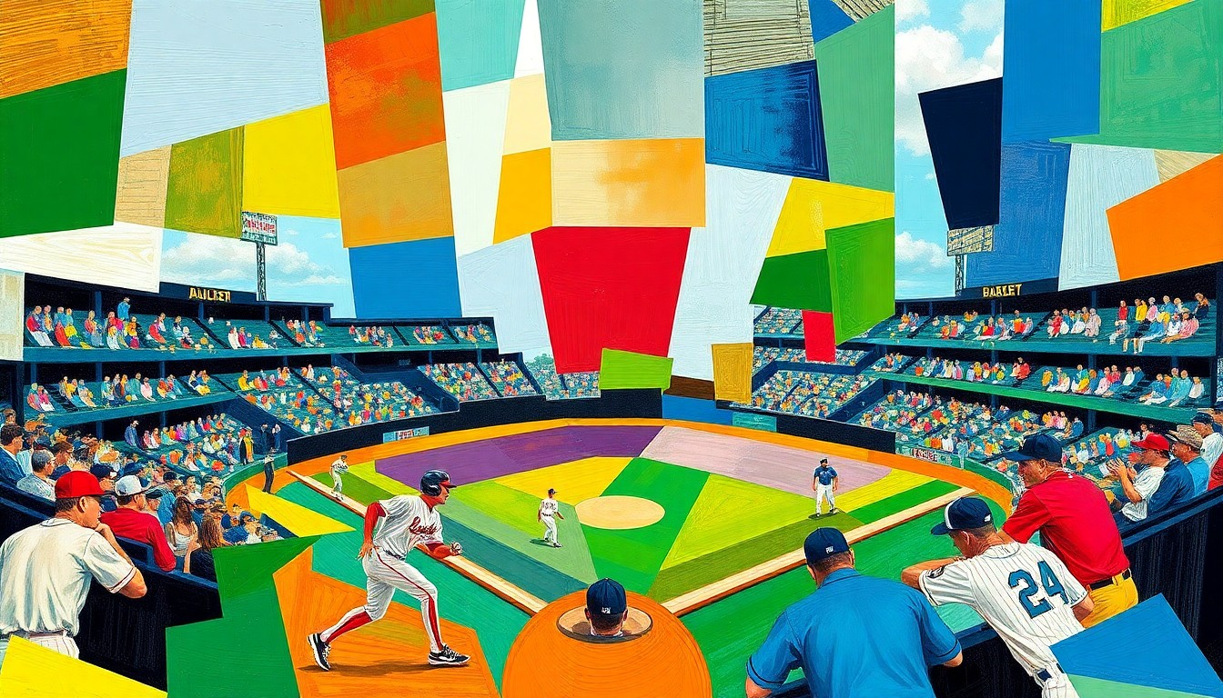 A fractured, geometric painting in bold colors representing a baseball game, with overlapping shapes and planes conveying the dynamic action on the field.
