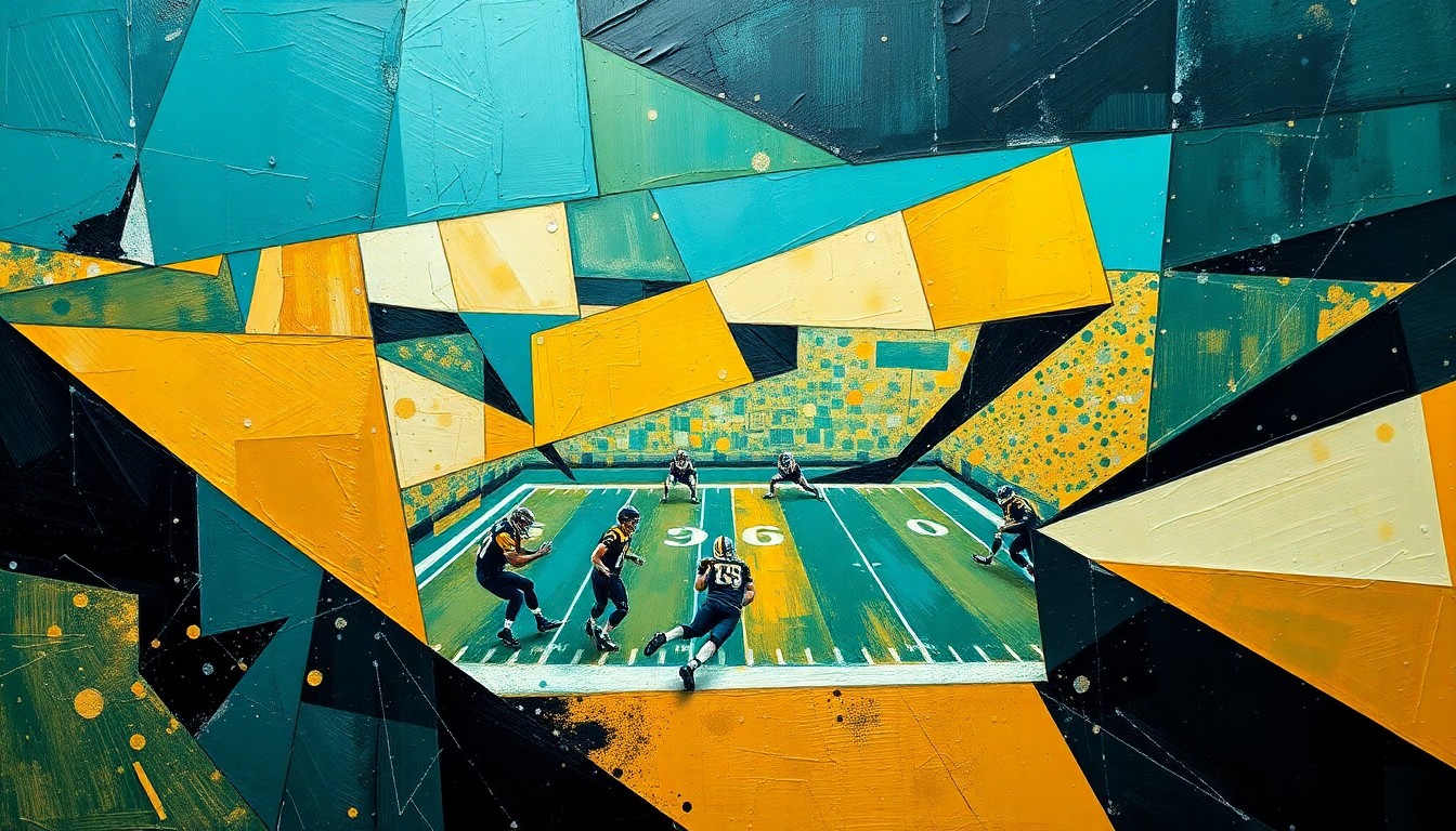 A cubist, geometric painting in shades of teal, gold, and black, depicting a fragmented and deconstructed football game scene, representing the unpredictable nature of the Jaguars' upcoming draft pick.