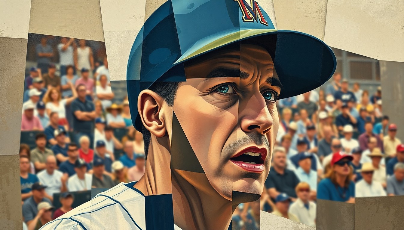 A fragmented, geometric painting depicting a baseball player's face and the stadium crowd in muted earth tones and blues, conveying the distress of dealing with fan heckling.