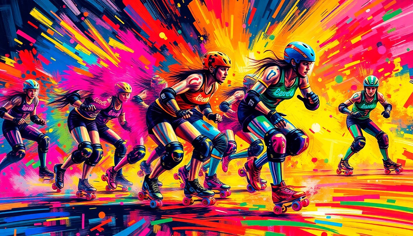 A dynamic, abstract painting in neon colors depicting the blurred, high-speed motion of roller derby players on a track, conveying the raw energy and excitement of the sport.