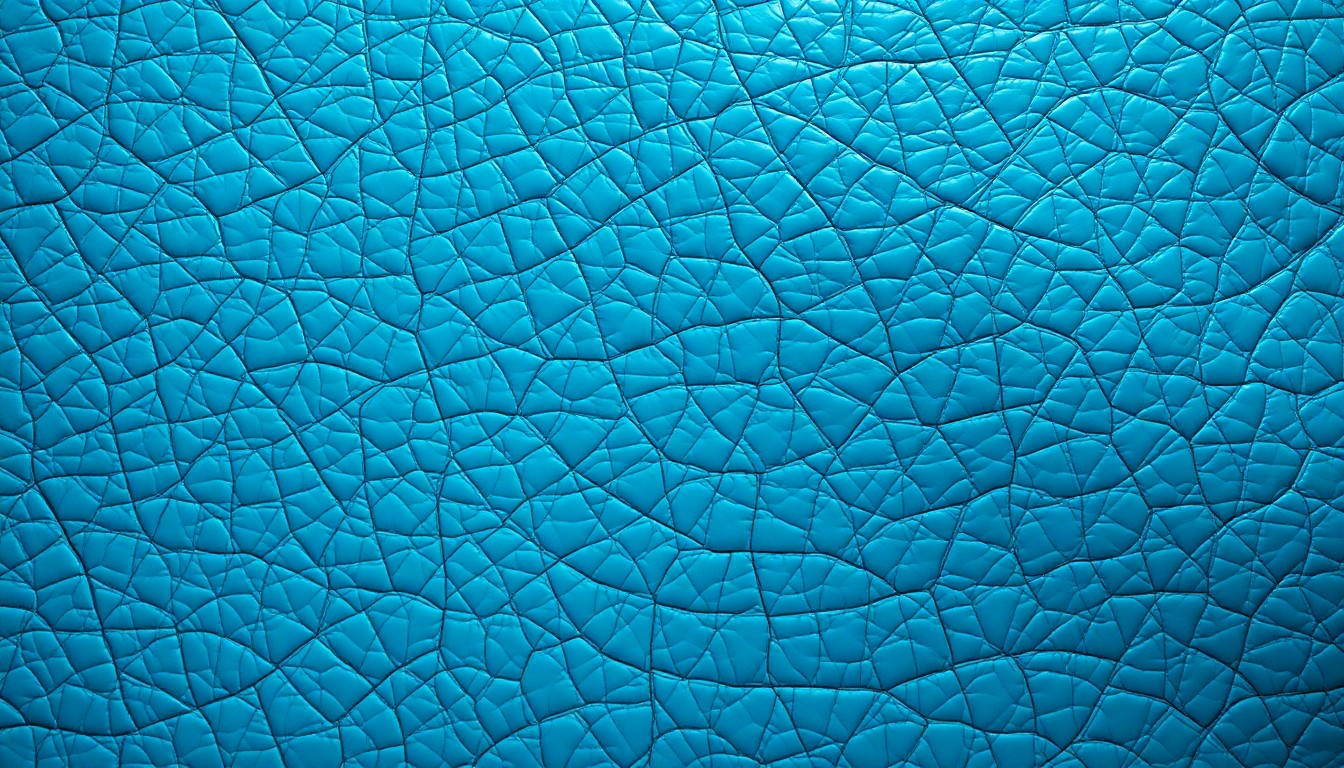 An extreme close-up photograph of a rich, glossy ostrich leather texture in a vivid icy blue color, captured under dramatic studio lighting to create a high-fashion, glamorous aesthetic.