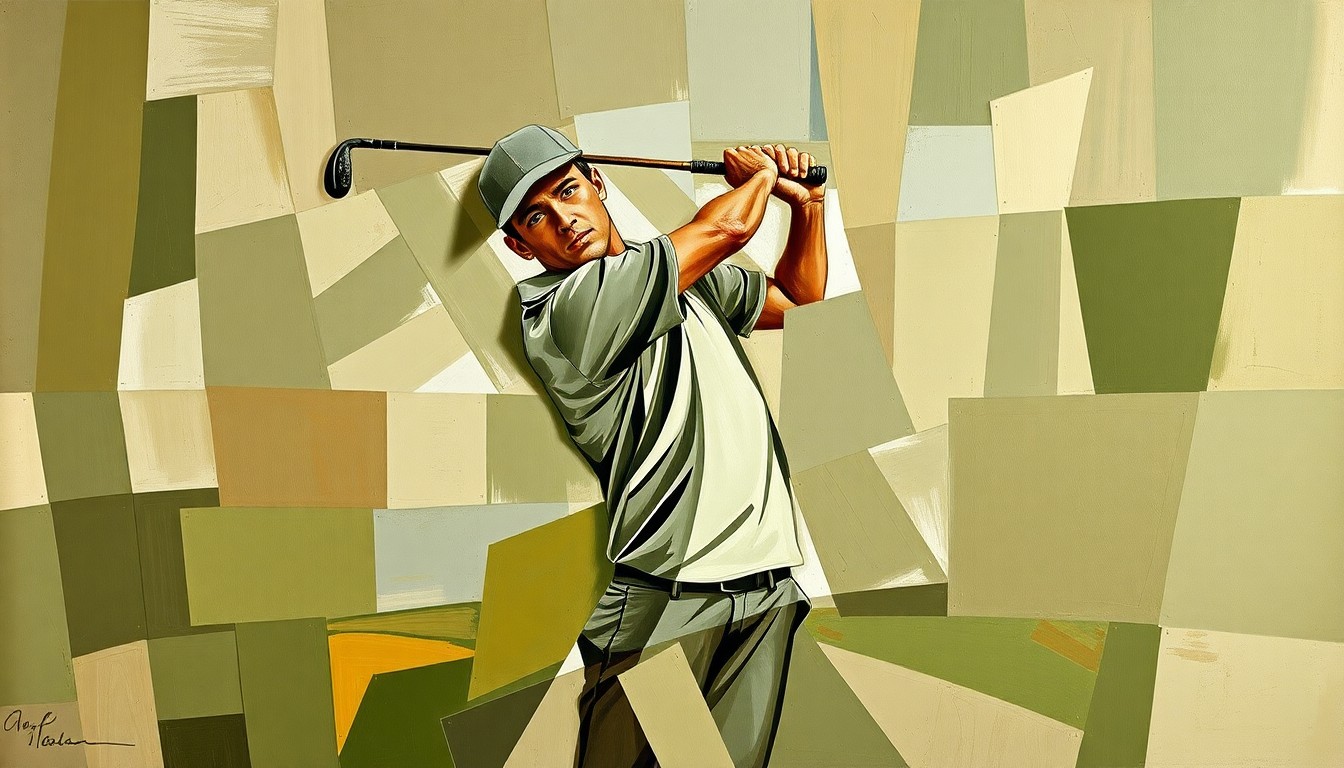 A fragmented, abstract painting depicting a golfer's swing broken down into sharp, angular shapes and planes in muted earth tones, conveying the complexity of a veteran player's comeback.