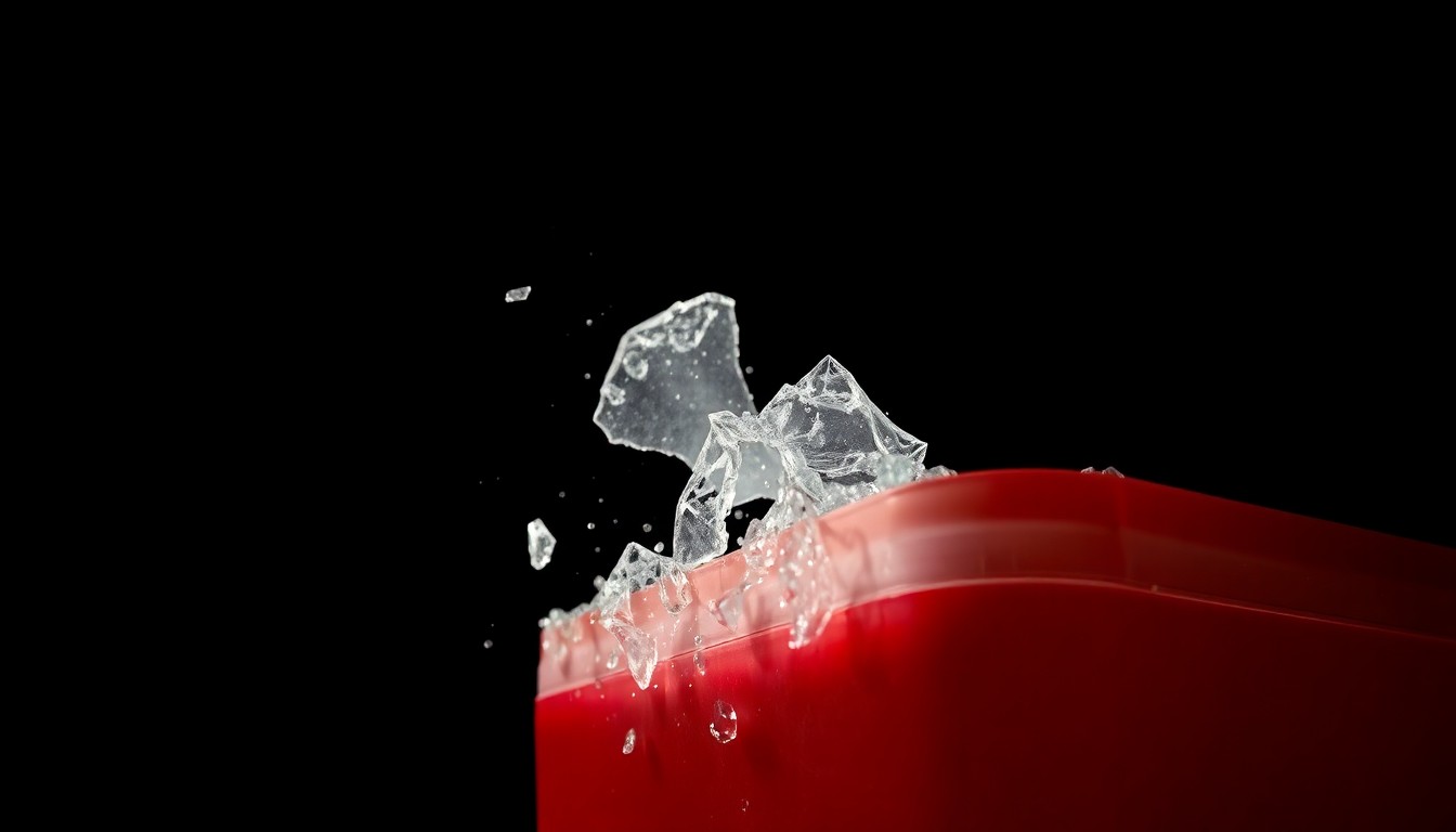 An extreme close-up photograph of a shattered plastic or glass object, such as a broken cooler or scooter part, lit by a harsh, direct camera flash against a pitch-black background, conceptually representing the violence and tragedy at the heart of this story.