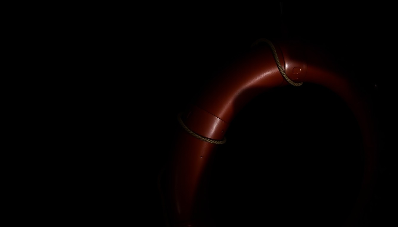 An extreme close-up photograph of a life preserver ring or other harbor safety equipment, dramatically lit by a harsh camera flash against a dark background, conceptually representing the need for improved safety measures along Baltimore's waterfront.