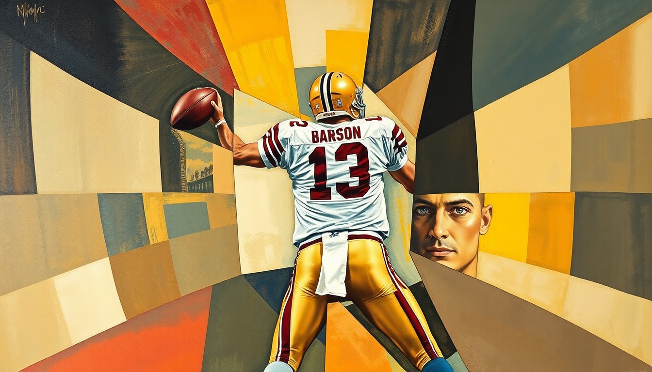 A cubist, geometric painting depicting a quarterback dropping back to pass, with the figure broken down into sharp, overlapping planes of color and shape.