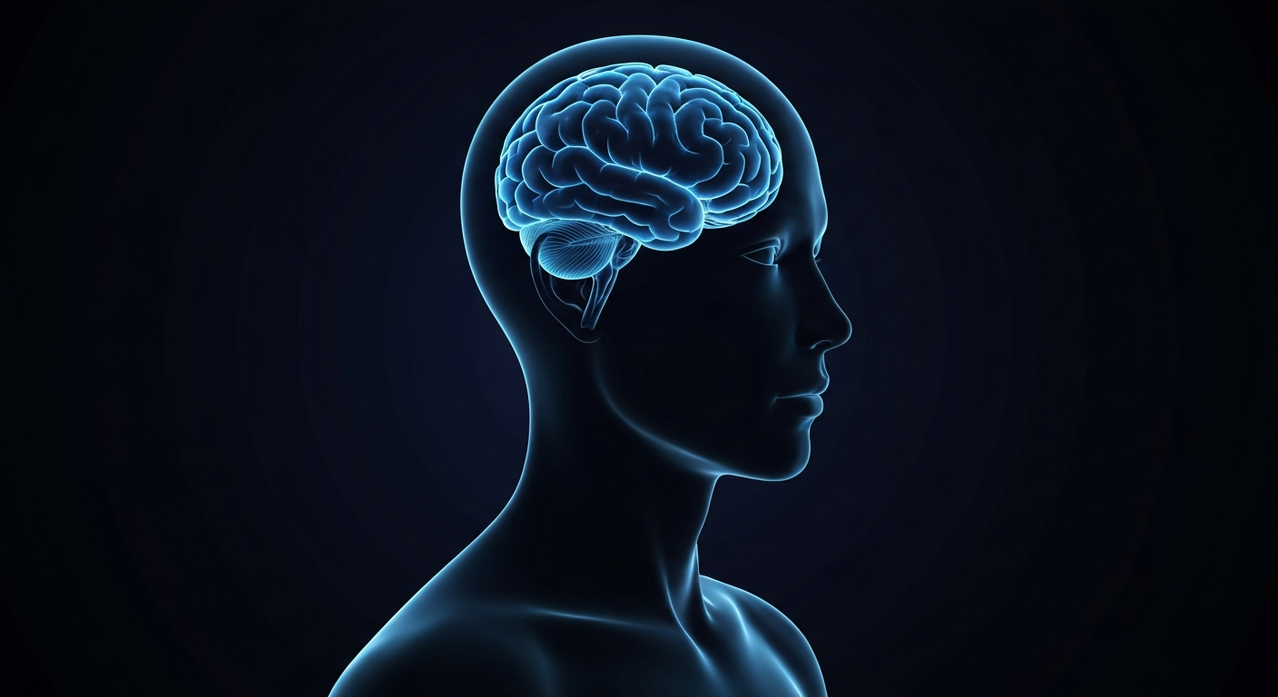 A minimalist neon outline of a person's head, with the brain area glowing in a pulsing blue light, conceptually representing the mental health crisis discussed by the Nebraska governor.