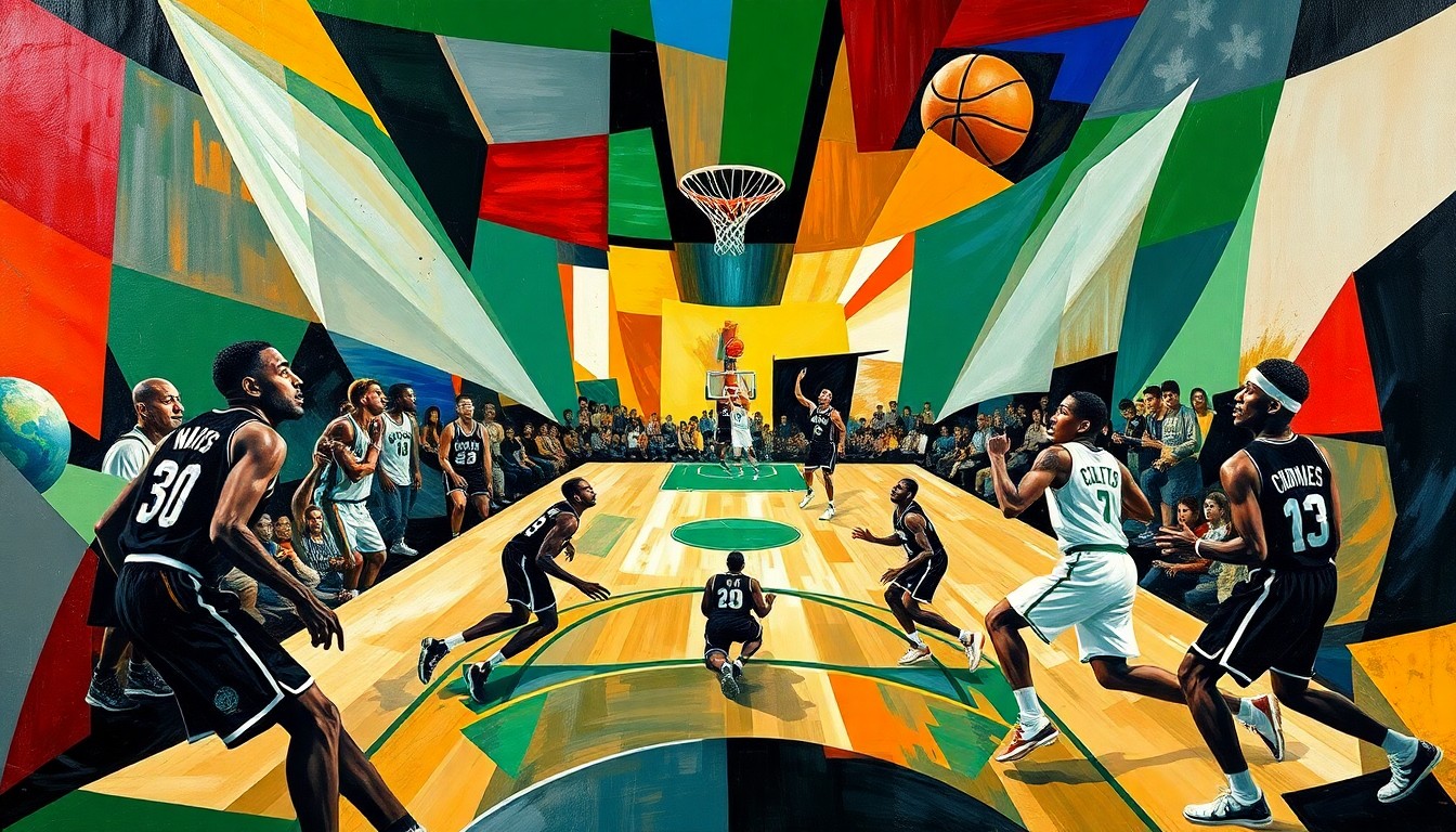 A fractured, cubist-style painting depicting the intense action of a Celtics basketball game, with the players' forms broken down into abstract geometric shapes and planes of vibrant color.