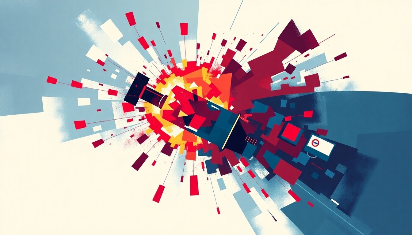 A fractured, abstract painting in red, white, and blue depicting the silhouette of an exploding pipe bomb, conceptually representing the dangerous escalation of pre-planned violence surrounding the January 6th attack.