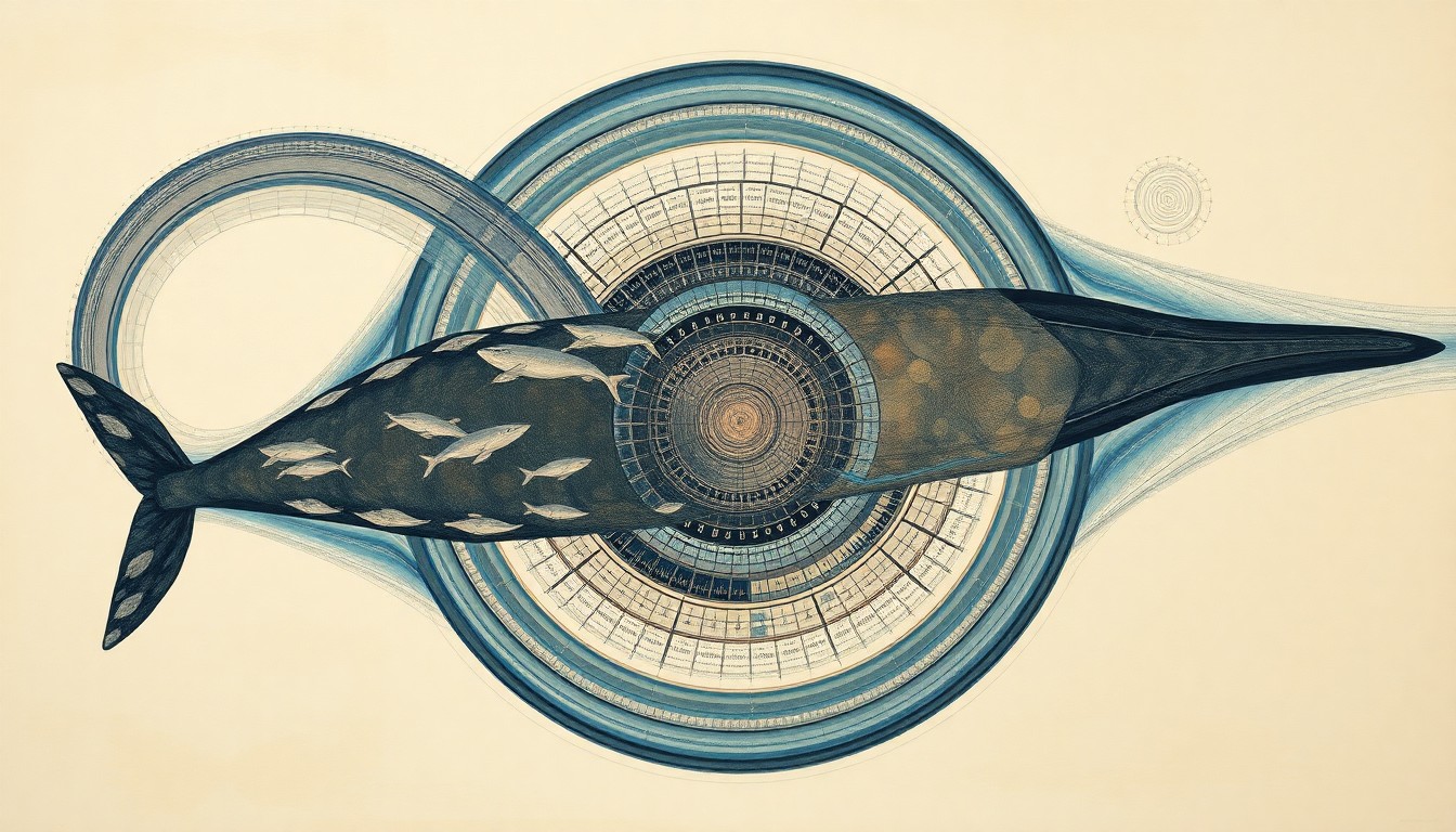 A bold, abstract painting in soft earth tones featuring sweeping geometric arcs, concentric circles, and precise botanical spirals, representing the delicate balance of the San Francisco Bay ecosystem and the challenges facing gray whales as they navigate the region's busy waterways.