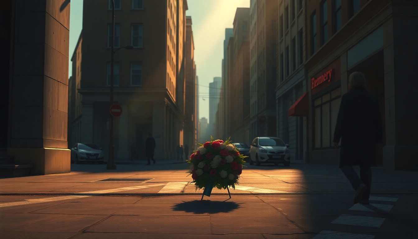 A close-up view of a memorial wreath or bouquet of flowers placed on a city sidewalk, with the surrounding urban landscape bathed in warm, golden light and deep shadows, conveying a sense of quiet contemplation and reverence.