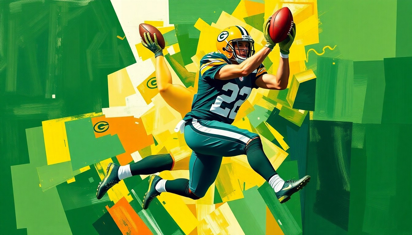 A fragmented, geometric painting in bold colors depicting a wide receiver making a leaping catch, conveying the dynamic athleticism of the 2026 NFL Draft's top Day 2 wide receiver prospects.