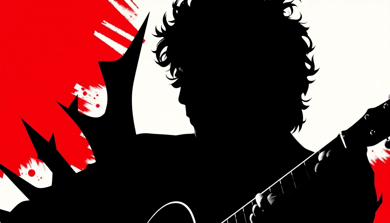A minimalist, graphic illustration featuring stark black silhouettes of Bob Dylan's profile and guitar against a bold red and white background, capturing the iconic musician's enduring influence.