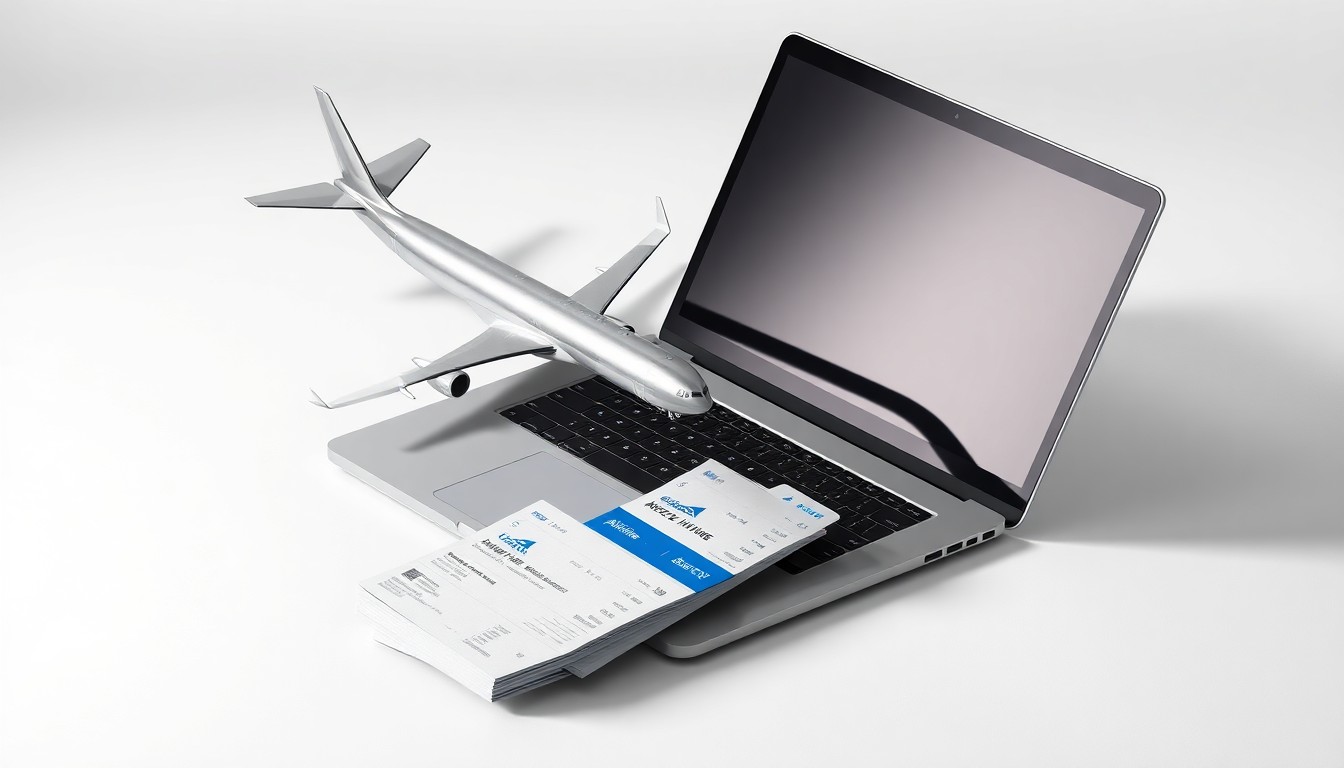 A high-end, photorealistic studio still-life photograph featuring a sleek, silver metal airplane model, a modern laptop computer, and a stack of airline tickets arranged elegantly on a clean, white seamless background, conceptually representing the intersection of digital technology, airline operations, and customer experience.
