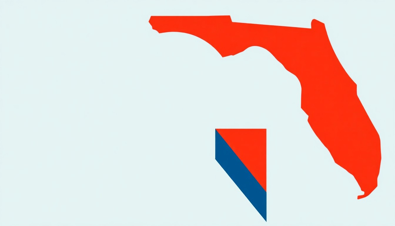 A minimalist abstract illustration using bold geometric shapes and primary colors to represent the complex economic forces shaping Florida's insurance landscape.