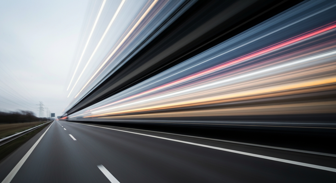 An abstract, colorful blur of motion representing a vehicle speeding down a highway, conveying the chaos and speed of modern transportation infrastructure.