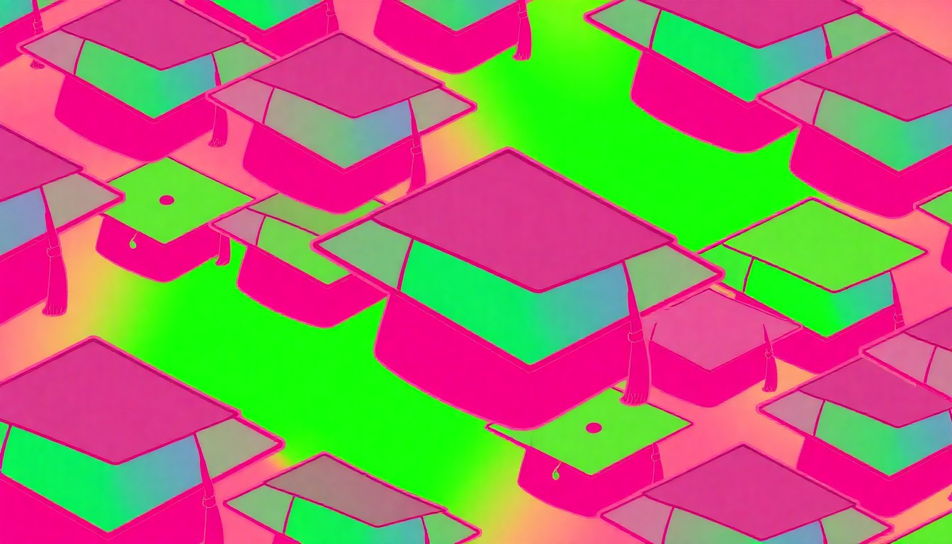 A brightly colored, high-contrast silkscreen print of a single, iconic university object repeated in a tight grid pattern, capturing the vibrant energy and evolving priorities of Iowa's public universities.