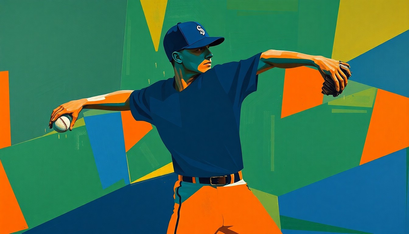 A fragmented, geometric painting depicting a baseball pitcher's throwing motion, with sharp planes of navy, green, and orange overlapping to create a dynamic, abstract composition.