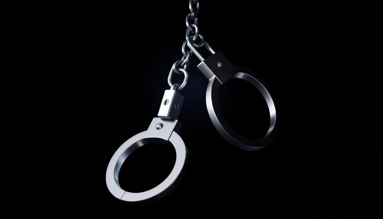 An extreme close-up photograph of a pair of handcuffs against a pitch-black background, lit by a harsh, direct camera flash, conceptually representing the legal process behind capital punishment.