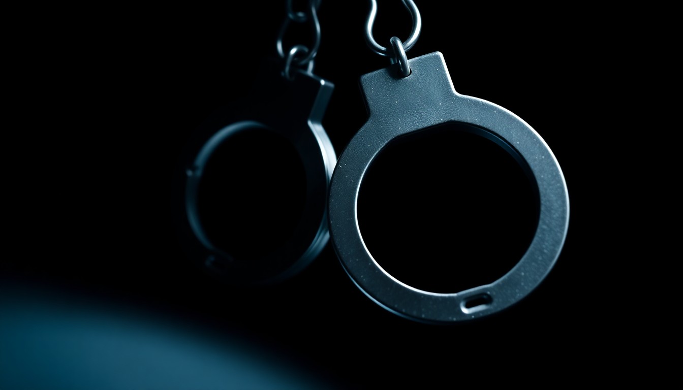 An extreme close-up photograph of a pair of handcuffs against a pitch-black background, lit by a harsh, direct camera flash, conveying a sense of gritty, investigative justice.