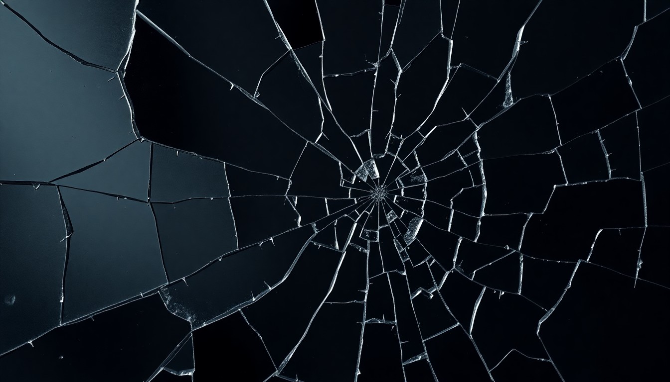 An extreme close-up photograph of a cracked, shattered glass surface in muted tones of grey and black, conceptually representing the fractured dynamics within the British royal family.