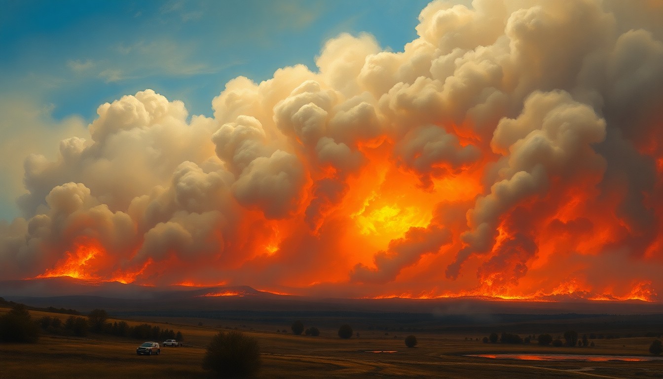 A sweeping, atmospheric landscape painting depicting a massive wildfire in the distance, with billowing smoke and ominous lighting obscuring the horizon and dwarfing any visible structures or vehicles, conveying the overwhelming scale and power of the natural disaster.