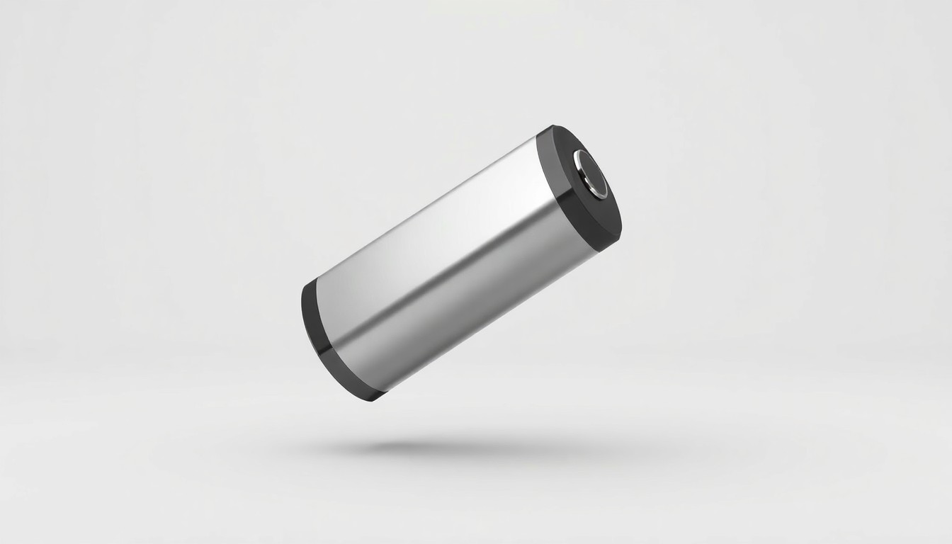 A photorealistic studio still-life photograph featuring a sleek, metallic battery cell or module floating on a clean, monochromatic background, symbolizing Solidion's technological advancements in energy storage.