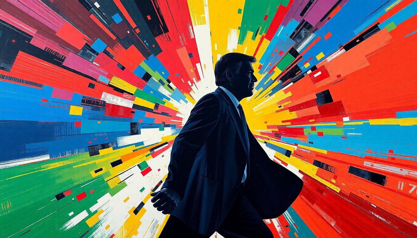 A dynamic, abstract painting in vibrant colors depicting the silhouette of a politician in motion, conveying a sense of chaos and uncertainty surrounding the California governor's race.