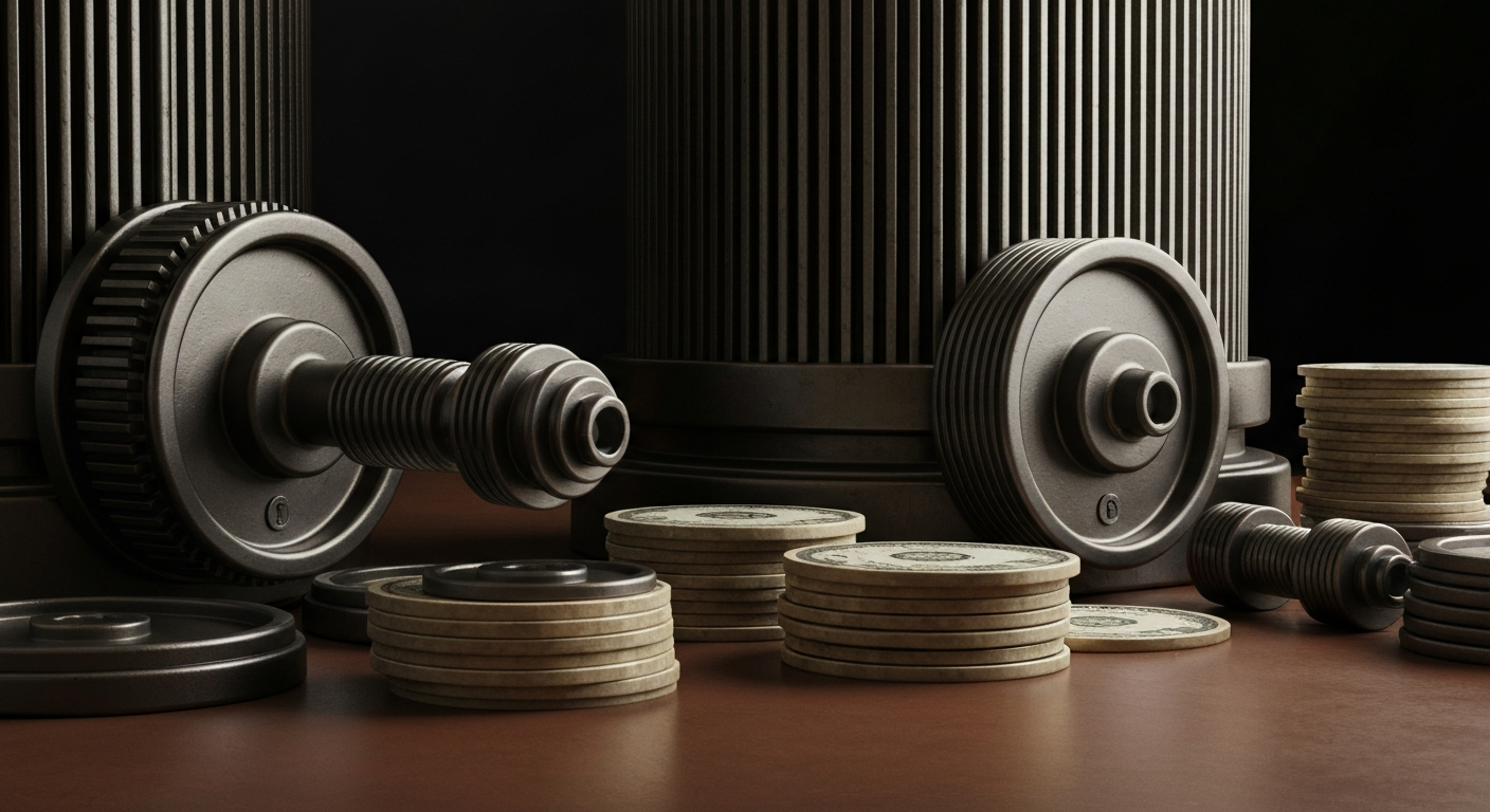 An extreme close-up of intricate, industrial-looking financial equipment and mechanisms, conveying a sense of the complex systems that drive the economy.