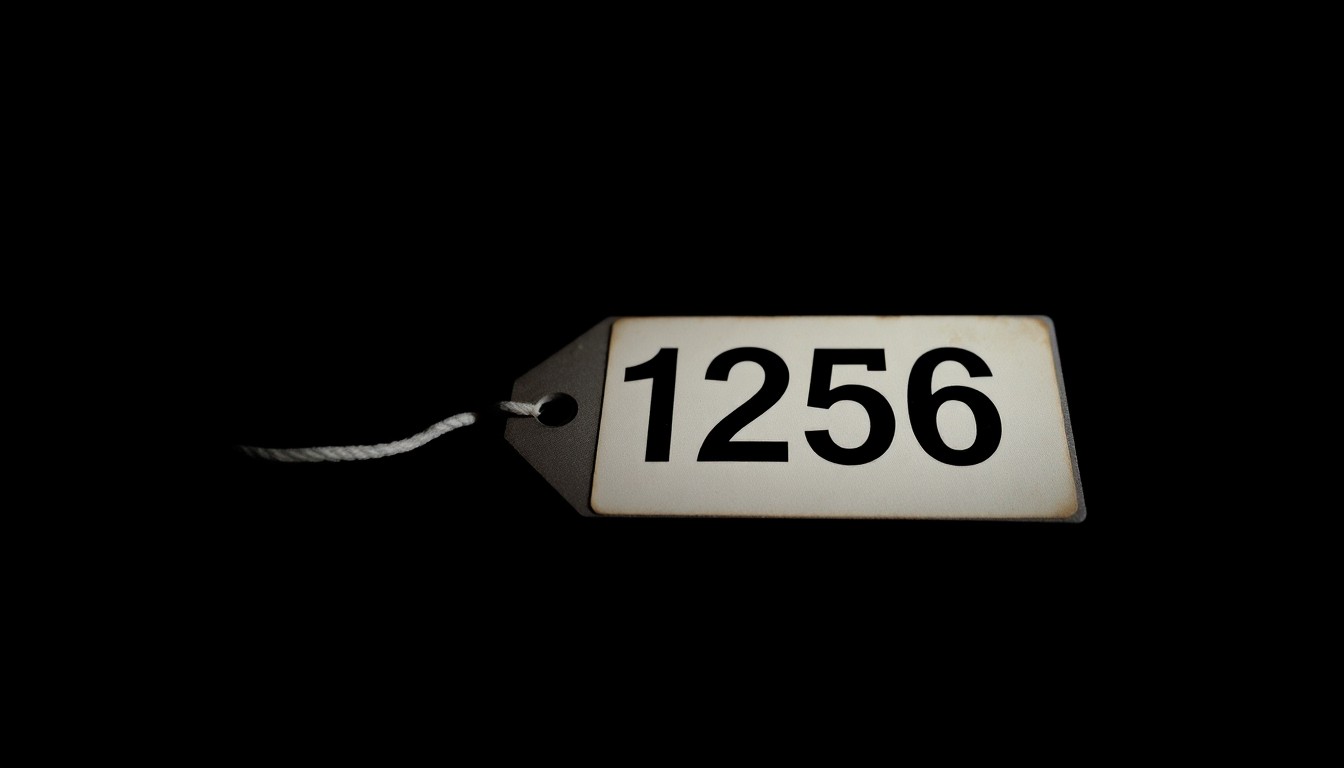 An extreme close-up photograph of a police evidence marker, such as a numbered placard or tag, lit by a harsh, direct camera flash against a pitch-black background, creating a stark, gritty, investigative aesthetic.