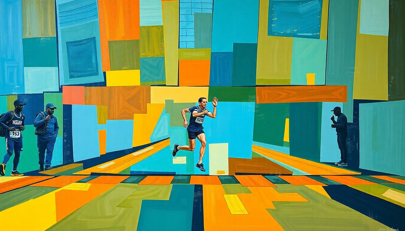A fragmented, geometric painting in the style of Pablo Picasso depicting a runner crossing the finish line of a marathon, with sharp, overlapping planes of deep blues, greens, and oranges.