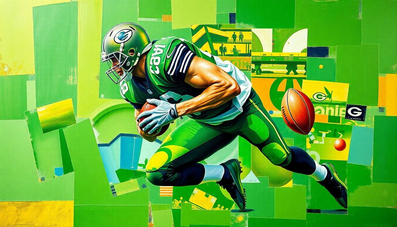A fragmented, geometric painting depicting the forceful movements of a linebacker in action, rendered in a cubist style with bold, clashing colors.